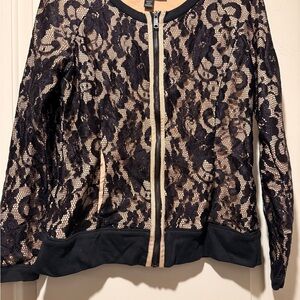 Colleen Lopez Black and Cream Lace Bomber Jacket